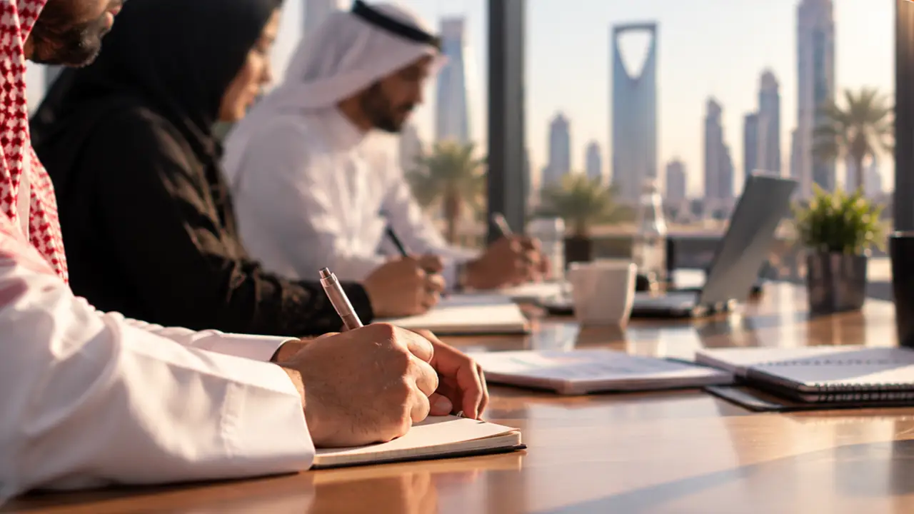 Four people taking notes along a boardroom table, the Riyadh skyline through the window behind them