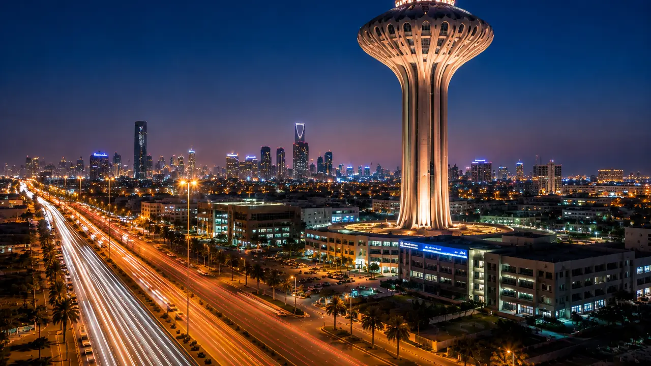 A Gulf city skyline at night, an observation tower lit above a highway