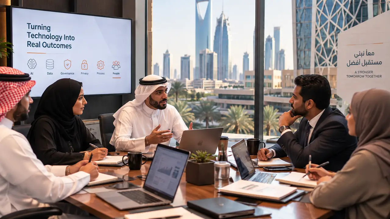 A meeting in progress in a Riyadh boardroom, a presentation behind reading “Turning Technology Into Real Outcomes” above icons for AI, Data, Governance, Privacy, Process and People